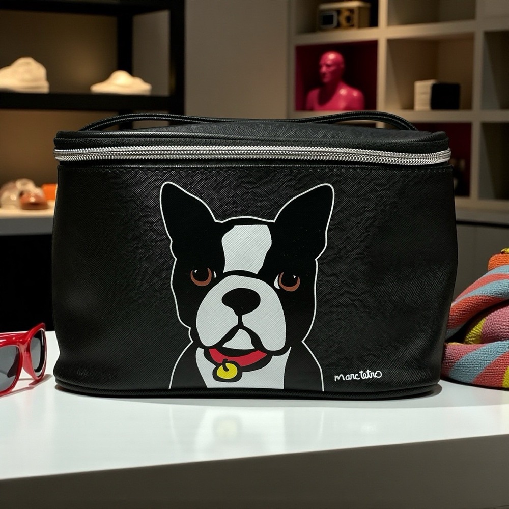 Marc Tetro Boston Terrier Black Top Handle Makeup/Travel Bag With Zip Closure